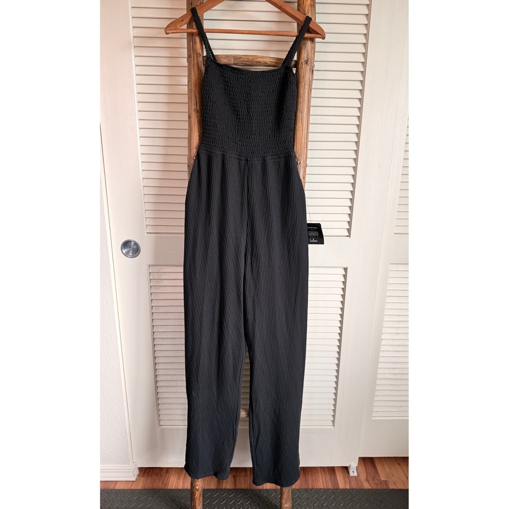 Lulus Black‎ Smocked Wide Leg Jumpsuit Braided Straps Cutout Back Small NWT